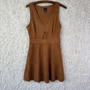 LA‎ REINE Brown Suede Look Sleeveless Mini Dress Cutout Waist Pockets Size M